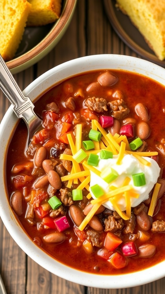 A bowl of Classic Beef Chili topped with cheese and sour cream, served with cornbread on a wooden table.